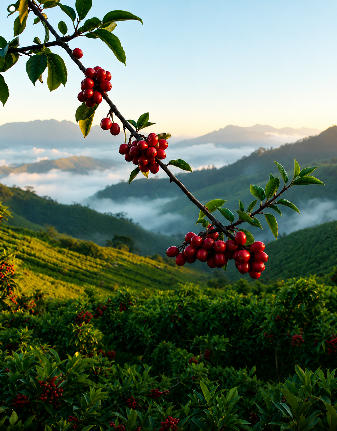 Coffee cherries growing on the hillsides of Antioquia, Colombia