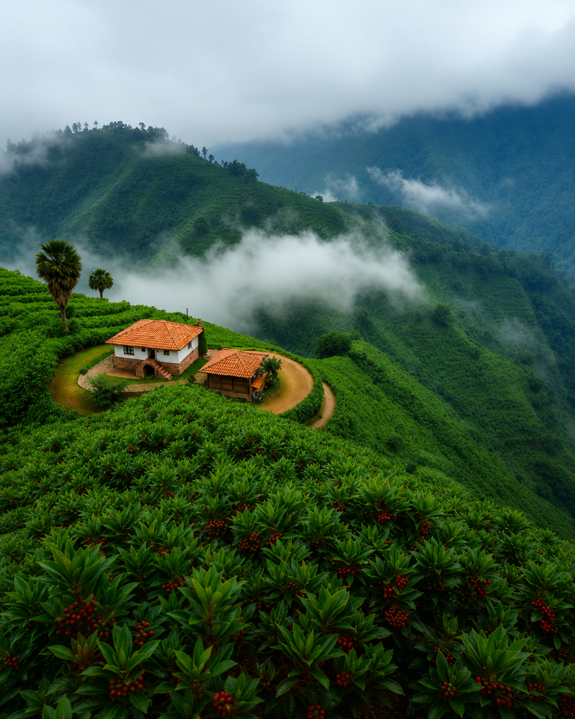 Coffee plantation in the misty hills of Kirinyaga, Kenya