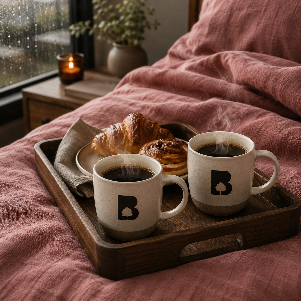 Broomfield Coffee branded mugs and gift box on a serving tray