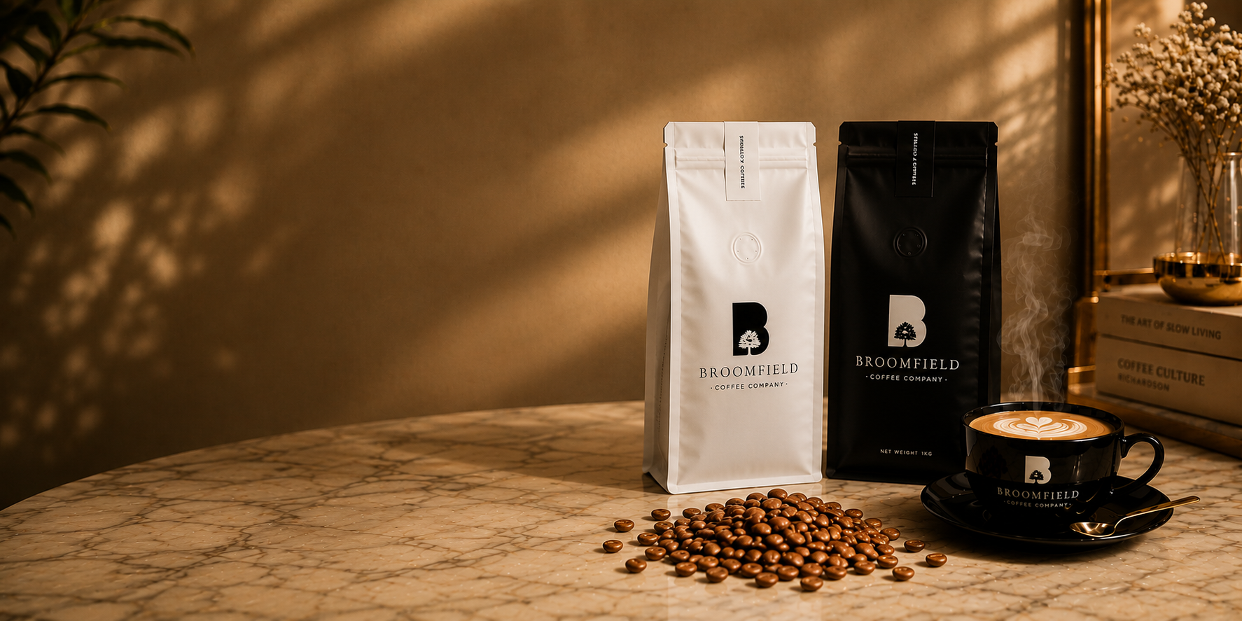 Broomfield coffee bags, roasted beans, and a latte on a marble counter