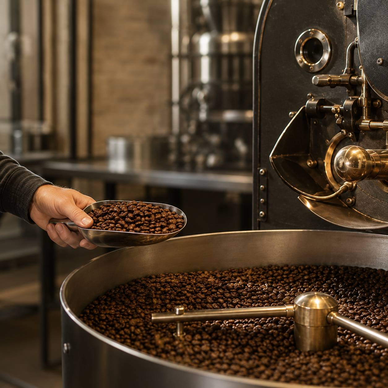 Hand holding freshly roasted coffee beans at the Broomfield roastery