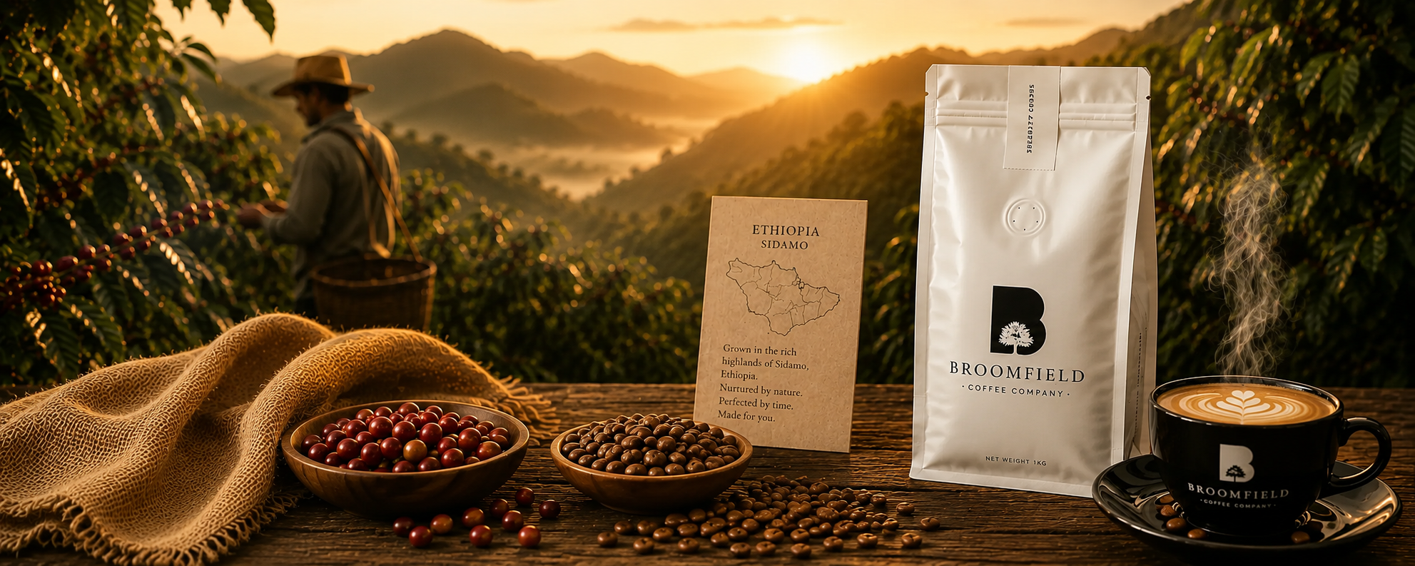 Coffee farmer overlooking the Sidamo highlands in Ethiopia at sunrise, beside a Broomfield coffee bag