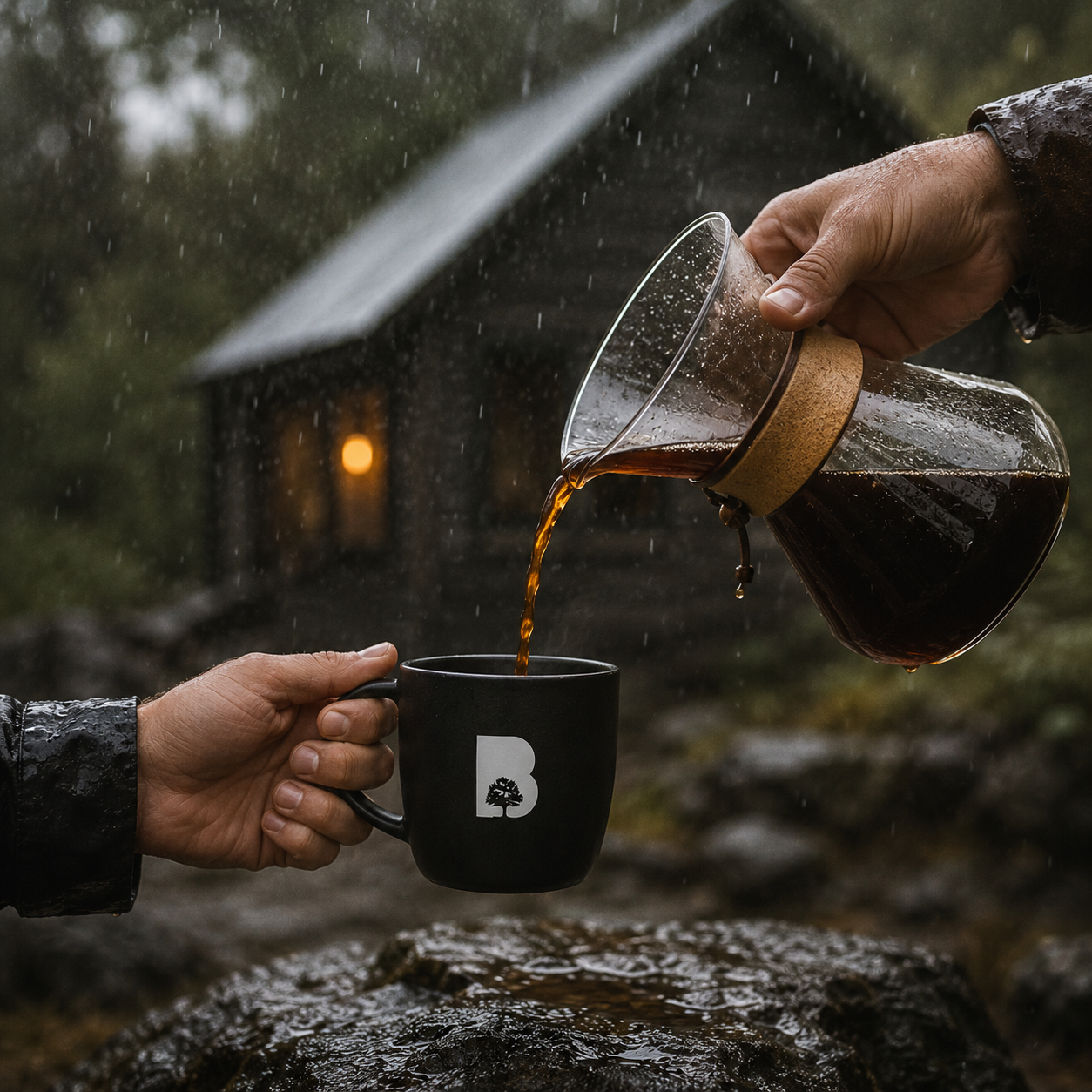 Pouring speciality coffee outdoors in the rain