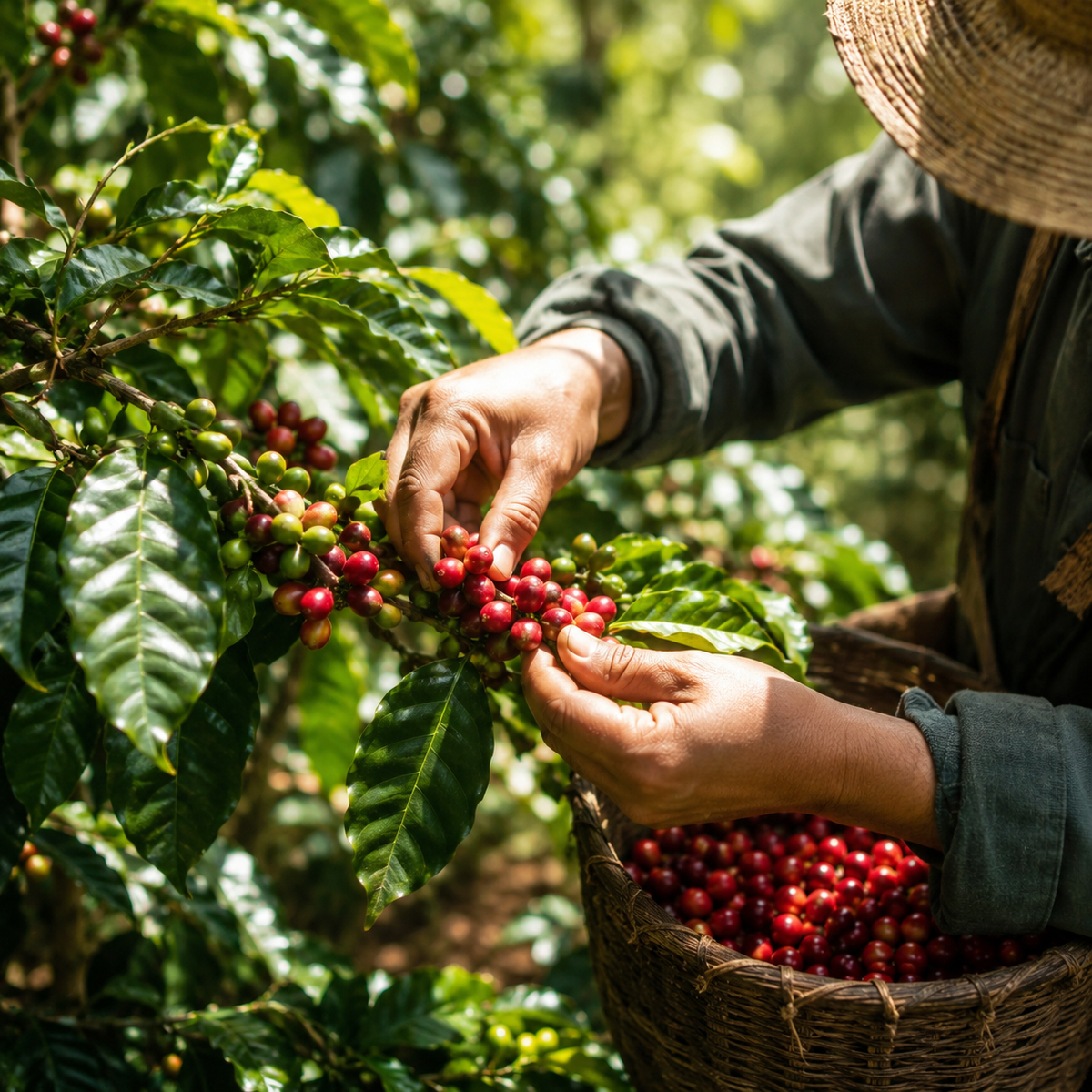 Farmer hand-picking ripe coffee cherries